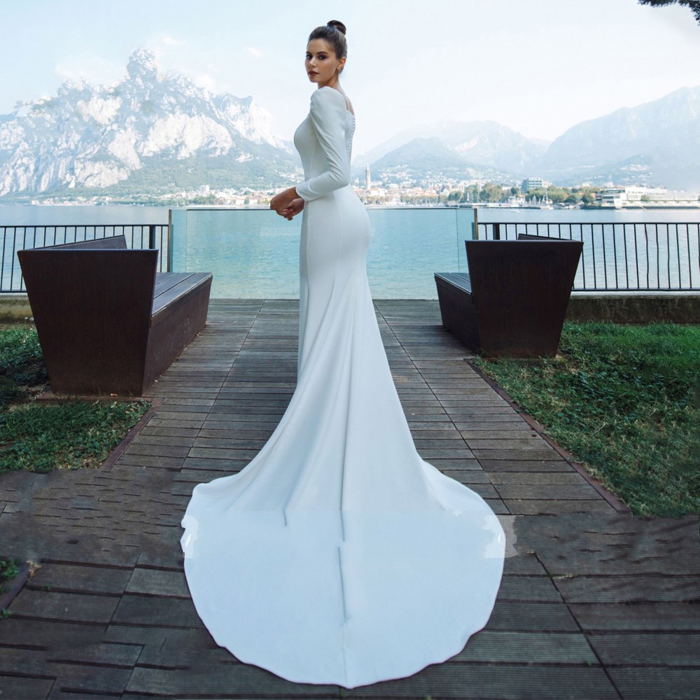 Wedding Dress Elegant Mermaid Square Collar Long Sleeve Satin Vestido de novia 2020 Button Princess Bridal Gown
