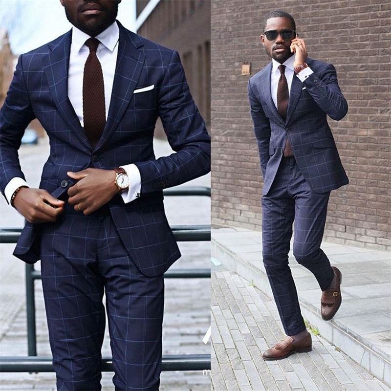 newest handsome newest 2piece navy plaid formal groom suit peaked lapel blazer suits tuxedos custom made two button business men suits
