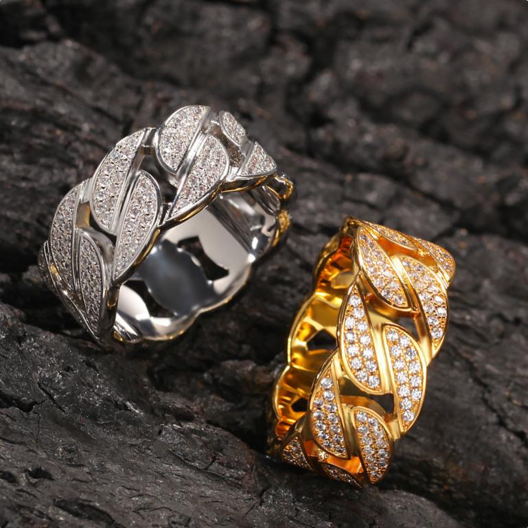 New Hip Hop Real Gold Plated Bling Cubic Zirconia Cuban Chain Mens Womens Band Ring CZ Diamond Finger Rings Rapper Jewelry Gifts for Couples