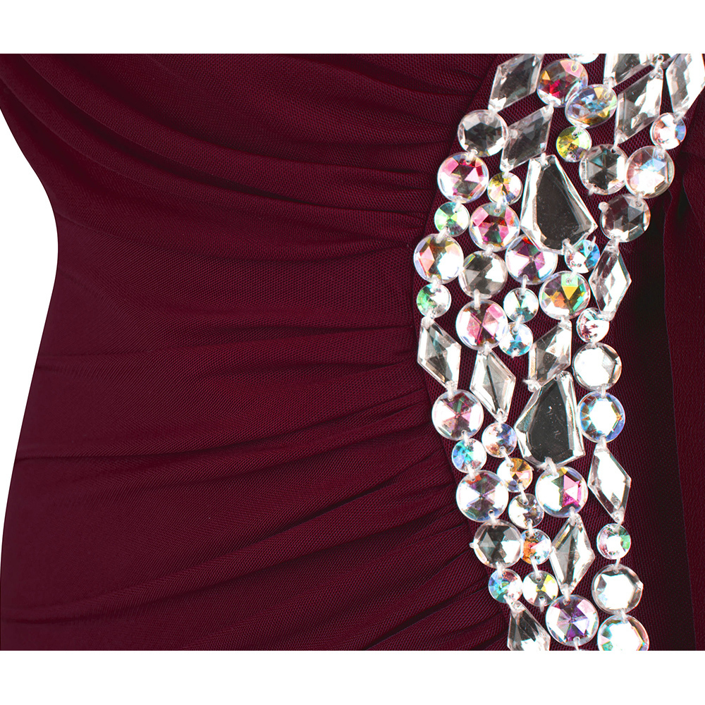 Angel-fashions Women's One Shoulder Evening Dress Long Pleated Beading Formal Party Gown wine red 411 T200604