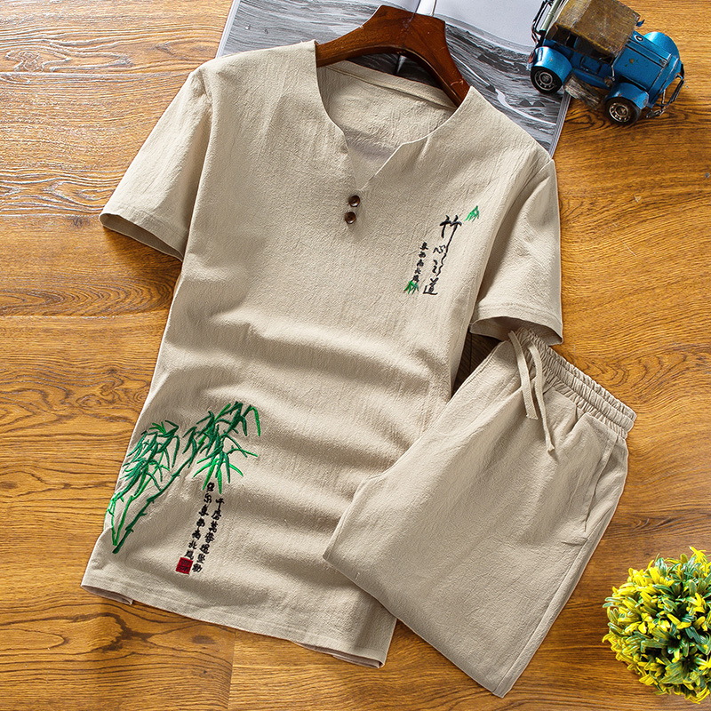 Summer clothes men's 2 pieces sets shorts and Short-sleeved t shirt Embroidered bamboo men breathable Slim Fit linen suits, Black
Summer clothes men's 2 pieces sets shorts and Short-sleeved t shirt Embroidered bamboo men breathable Slim Fit linen suits, Black