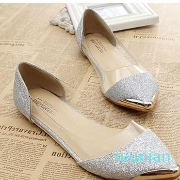 Hot sale-2017 new the chic metal pointed/closed toe transparent shiny pointed Asakuchi ballet flat shoes women's shoes