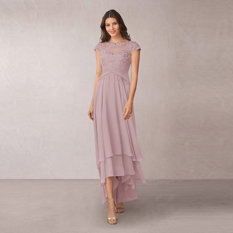 Latest Charming Rose High Low Chiffon Lace Mother of the Bride Dresses Short Sleeve Boat Neck Wedding Party Gowns Applique Pleat