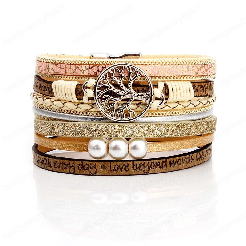 Creative Women Twine Tree of Life Leather Strap Magnet Buckle Pearl Bangle Bracelet Multilayer Bracelets Fashion Gifts