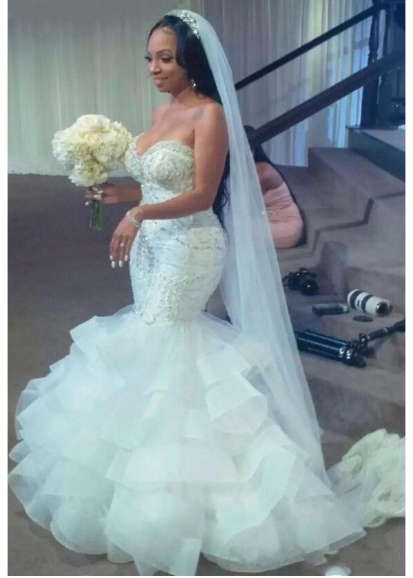 Sexy Mermaid Wedding Dresses With Beads Sequins Layered Skirt Plus Size Wedding Dress Count Train Shinning Zipper Back Bridal Gowns