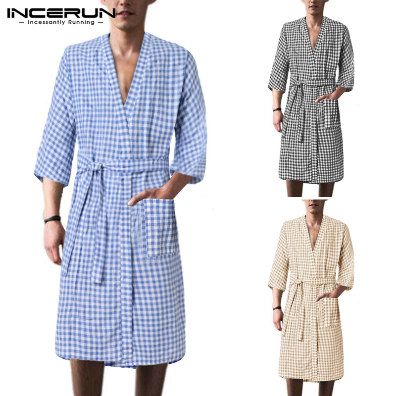 Casual Half Sleeve V Neck Homewear Nightgrown Man Bathrobe Fashion Men Plaid Sleep Robes Leisure Loose Lattice Sleepwear INCERUN, Black
Casual Half Sleeve V Neck Homewear Nightgrown Man Bathrobe Fashion Men Plaid Sleep Robes Leisure Loose Lattice Sleepwear INCERUN, Black