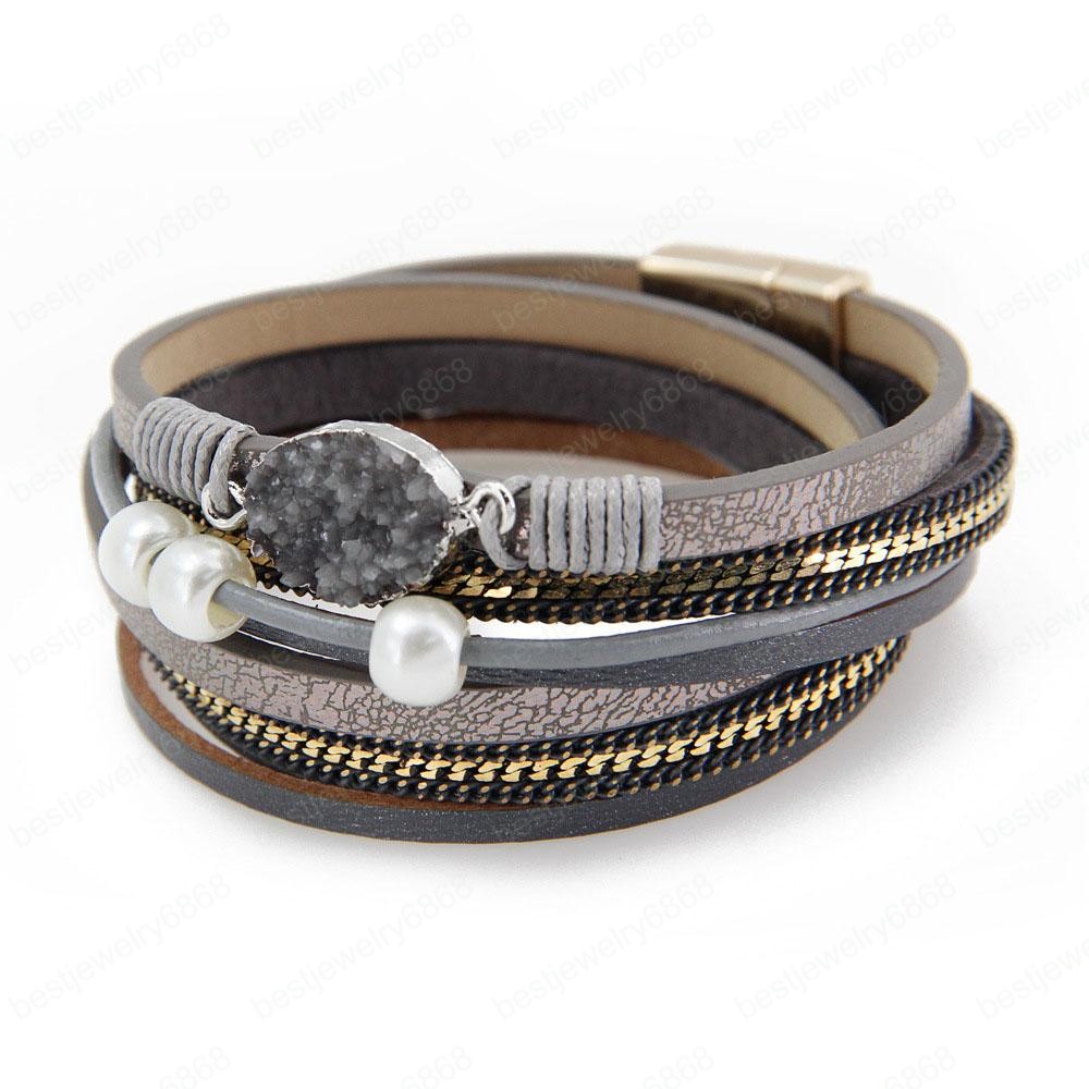HOT SALE 6 Colors Mens Leather Bracelet with Magnetic Clasp Multi-Layer Braided Bracelet Couple Pearl Bracelet