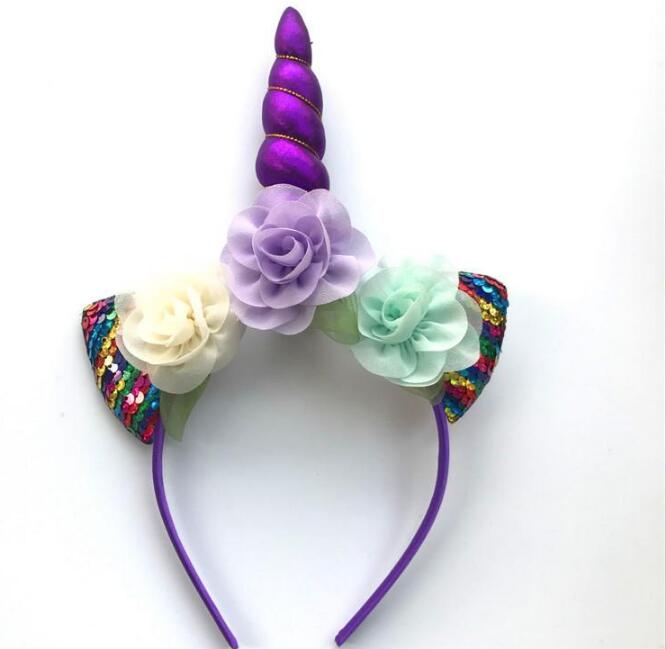 Children's headban Glitter Metallic Unicorn Headband Girls Chiffon Flowers Hairband For Kids leaf flower Unicorn Horn Party Hair Accessories