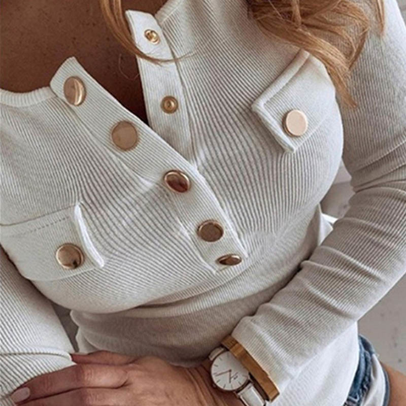 New Elegant Metal Button Shirts Blouse Women Spring Long Sleeve tops Female plus size Sexy VNeck Slim Pullovers tops women T200322