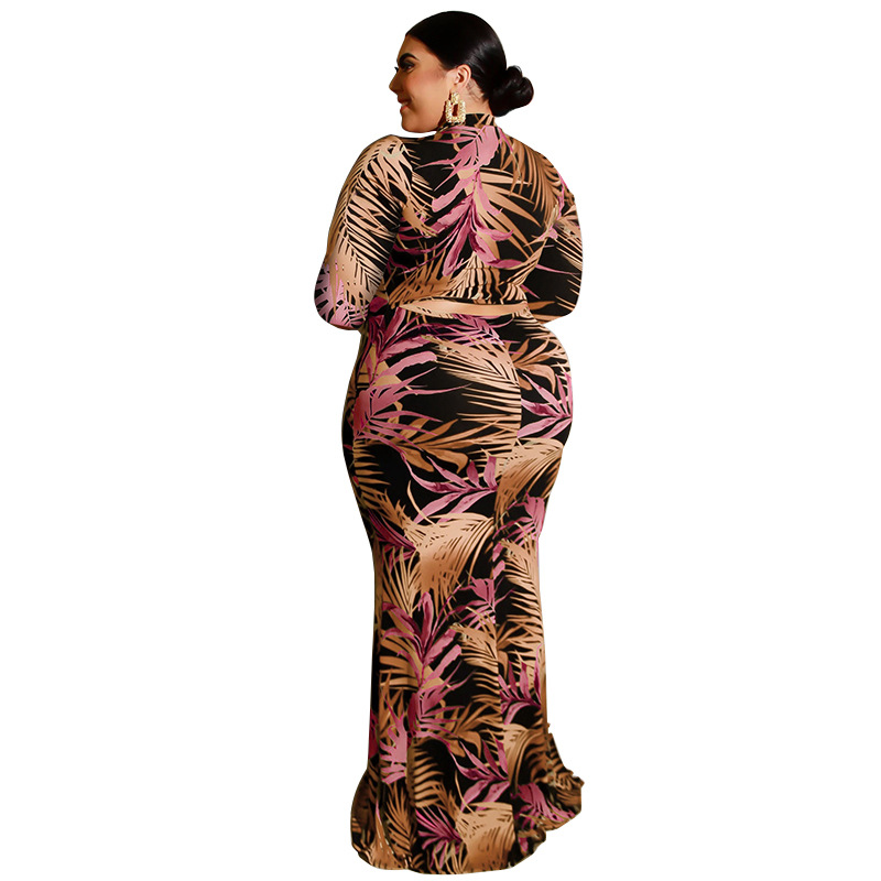 arab dubai plus size long dress tightfitting sexy bag hip hollow waistband dress long sleeves leaf print long womens dress cheap
