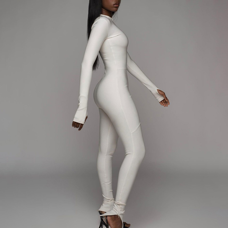 Zipper Front Elegant Jumpsuit Women Long Sleeve Solid Bandage Jumpsuit Ladies Round Neck Bodycon One Piece Plus Size Bodysuit T200509