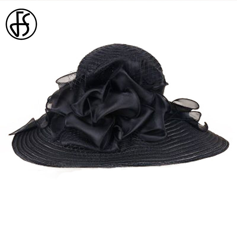 FS Black White Elegant Women Church Hats For Ladies Summer Flowers Large Brim Organza Hat Beach Sun Kentucky Derby Hat Fedora CX200714