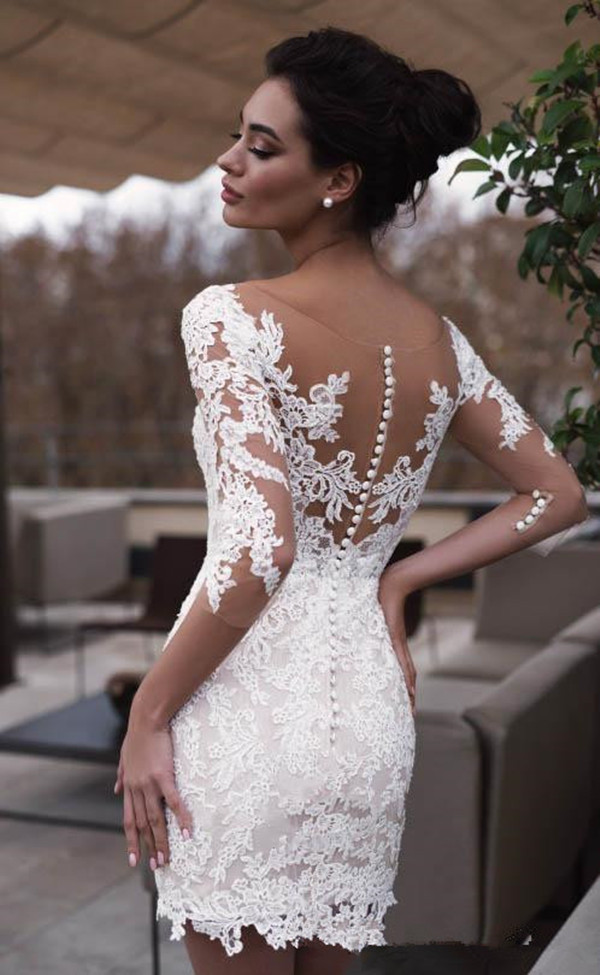 Two Pieces Short Wedding Dresses with Detachable Train 2020 Illusion Long Sleeve Lace Applique Beach Bohemian Bride Gown
