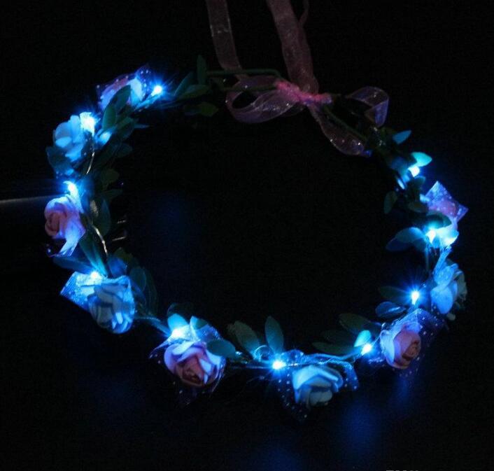 Flashing LED Glow Rose Crown Headbands Light Party Rave Floral Hair Garland Wreath Wedding Flower Girl Headpiece Decoration GD380