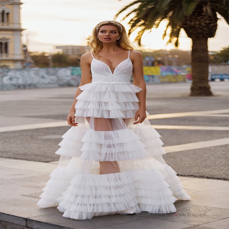 sexy spaghetti strap beach wedding dresses aline illusion ruched tiered tulle bridal gown backless custom made long country bridal dress