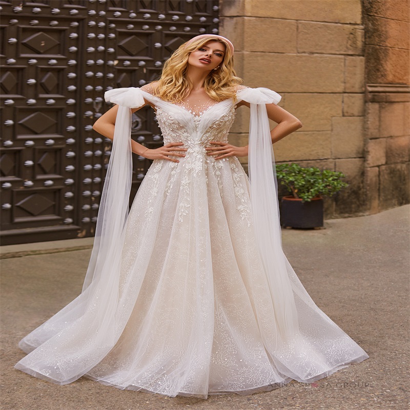Gorgeous Church Wedding Dresses Floral Appliqued Lace Sequins Off-Shoulder A Line Country Wedding Dress Custom Made Long Robes De Mariée