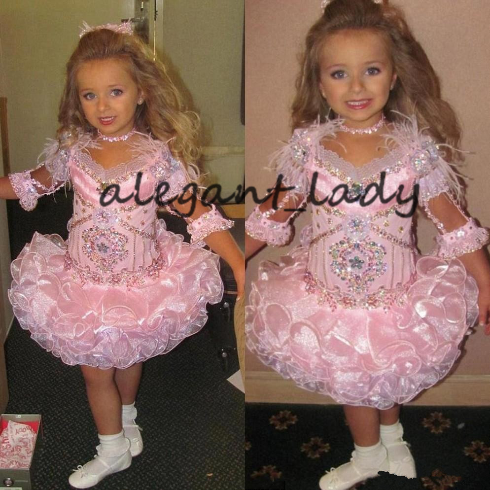 Pink Glitz girls Pageant Dresses 2021 Infant Toddler 3/4 Sleeve Beads Crystal Rhinestone Ruffles Cupcake Flower Girls Dress