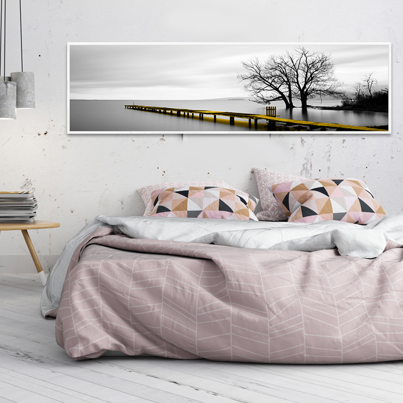 Calm Lake Surface Long Yellow Bridge Scene Black White Canvas Paintings Poster Prints Wall Art Pictures Living Room Home Decor