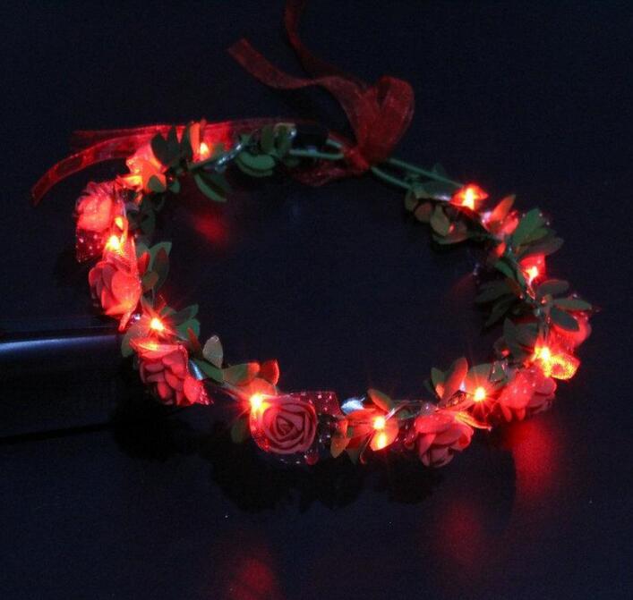 Flashing LED Glow Rose Crown Headbands Light Party Rave Floral Hair Garland Wreath Wedding Flower Girl Headpiece Decoration GD380