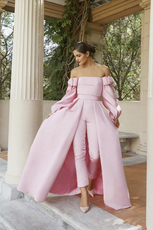 Pink Long Sleeve Prom Jumpsuit with Detachable Train Off Shoulder Puffy Long Sleeves Two Pieces Evening Dress with Pant Suit