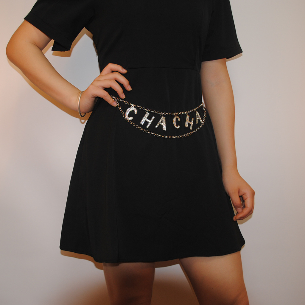 New letter CHACHA metal waist chain flash Diamond new waist chain