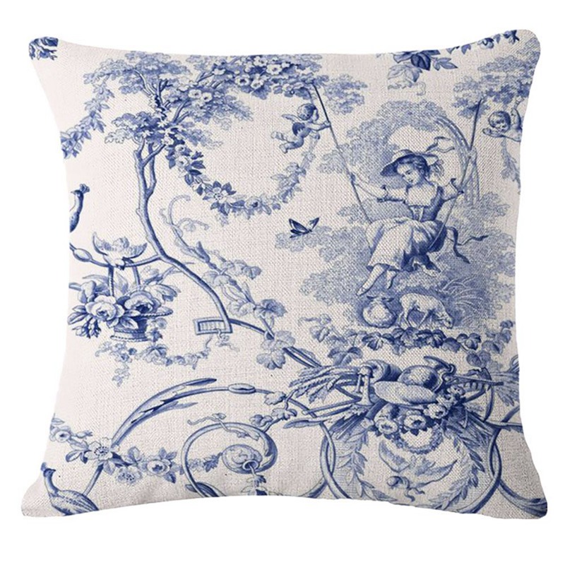 Cushion Covers Blue White Printed Linen Cushion Cover High Quality Sofa Bedding Vintage Decorative Throw Pillow Case