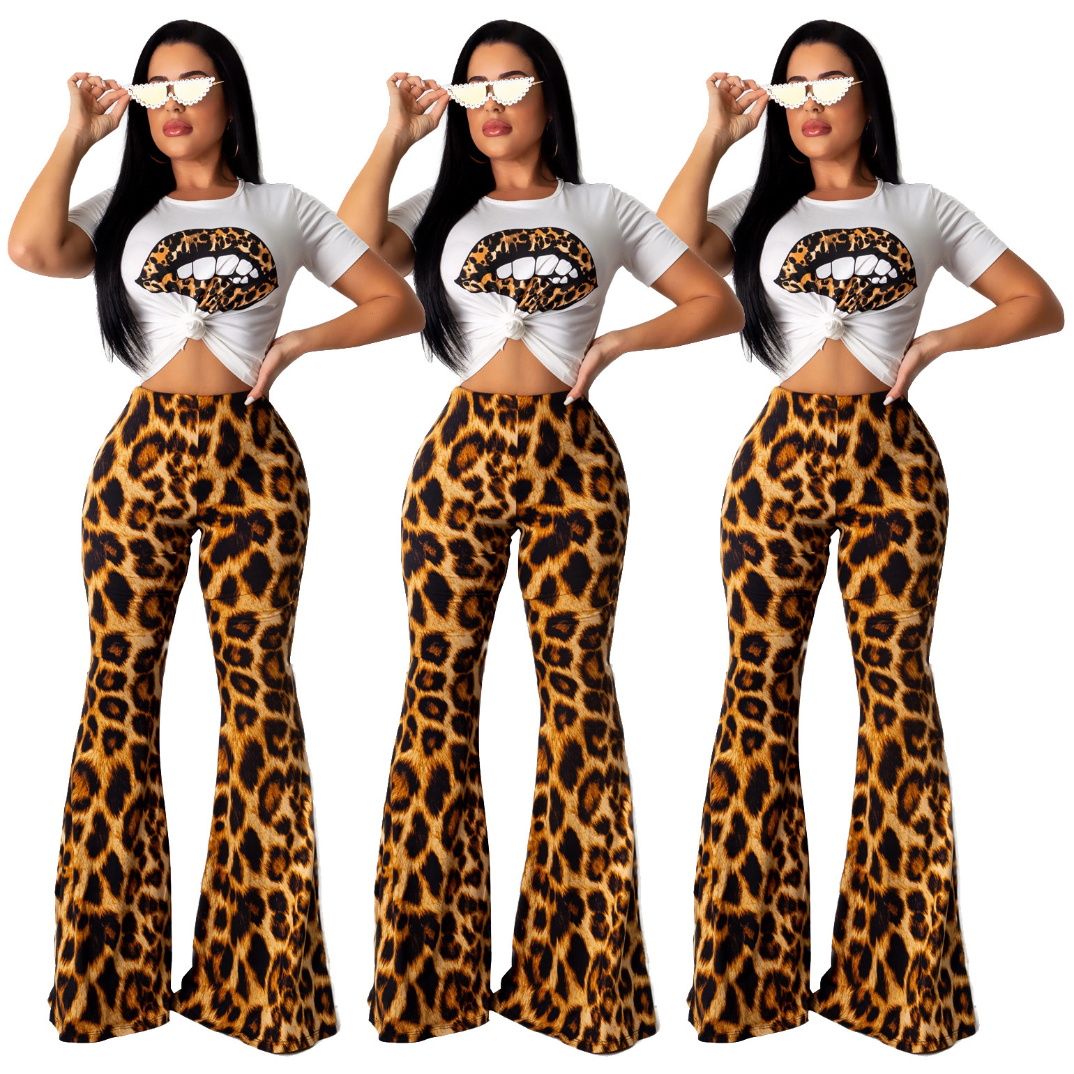 pants Spot 2023 European spring and summer fashion sexy leopard lips printed bell-bottom two-piece suit support mixed batch