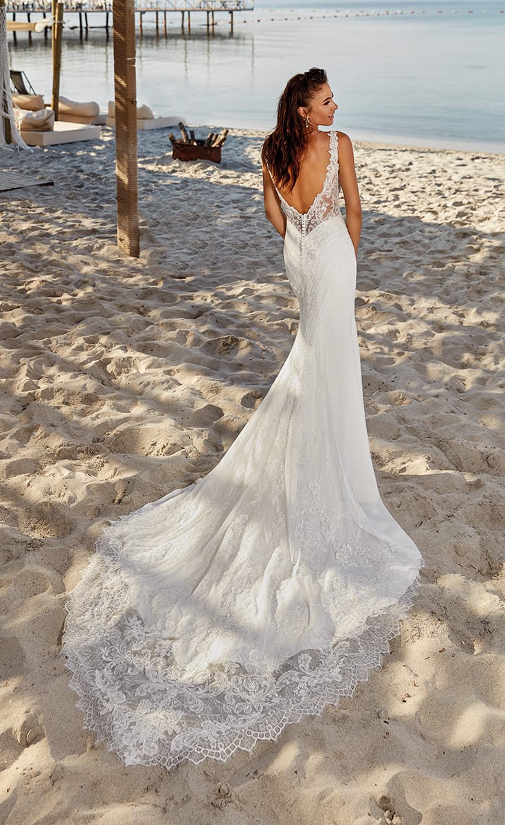Eddy K Mermaid Wedding Dresses Sheer Neck Lace Appliques Bridal Gowns Beach Sweep Train Backless Wedding Dress