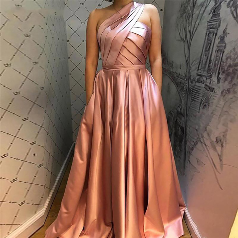 One Shoudler Evening Dresses With Split Sleeveless Zipper Back Arabic Formal Prom Party Gowns Pockets Floor Length