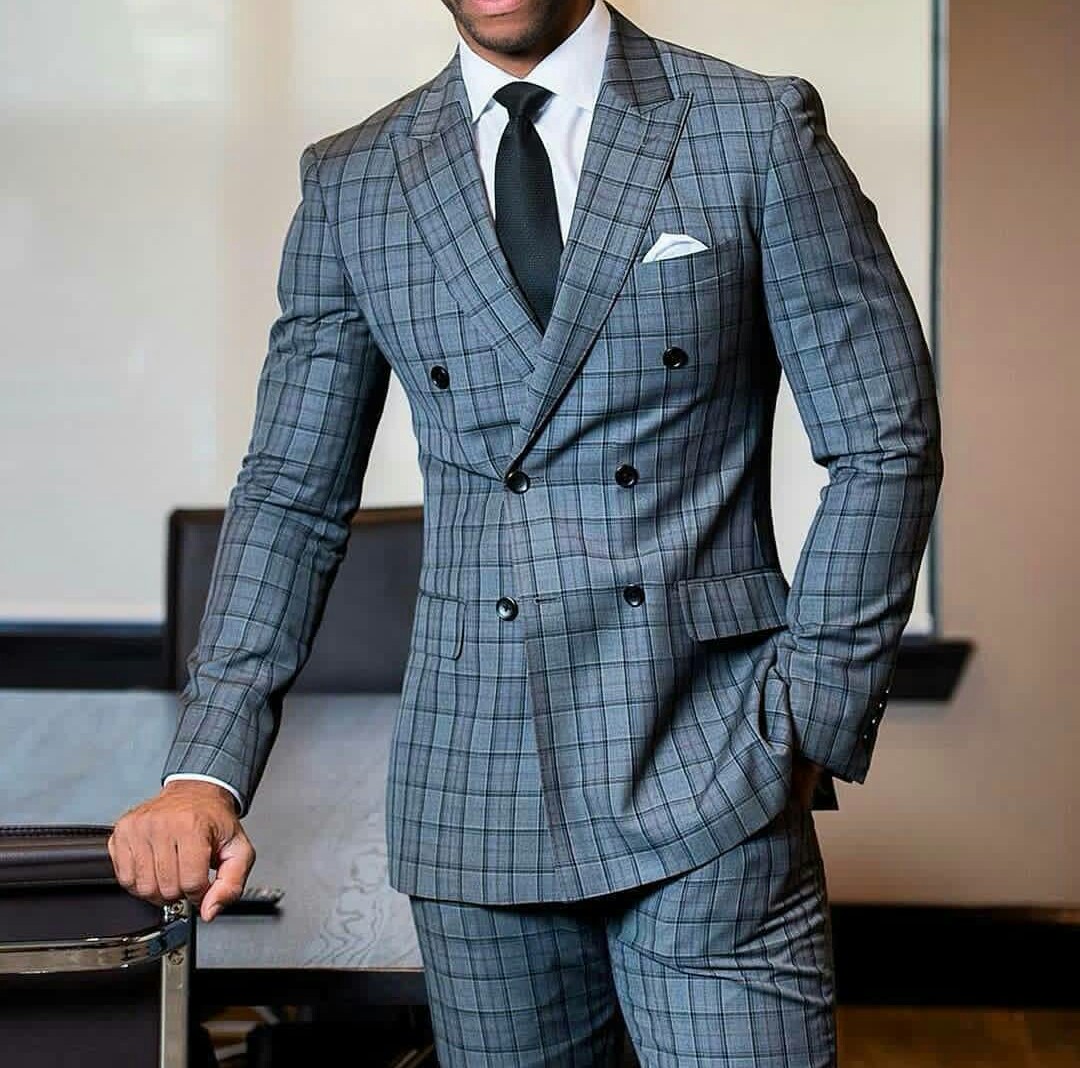 2020 New Classic Check Mens Wedding Tuxedos Double Breasted Peaked Lapel Groom Wear Business Party Prom Best Men Blazer Suit(Jacket+Pants)