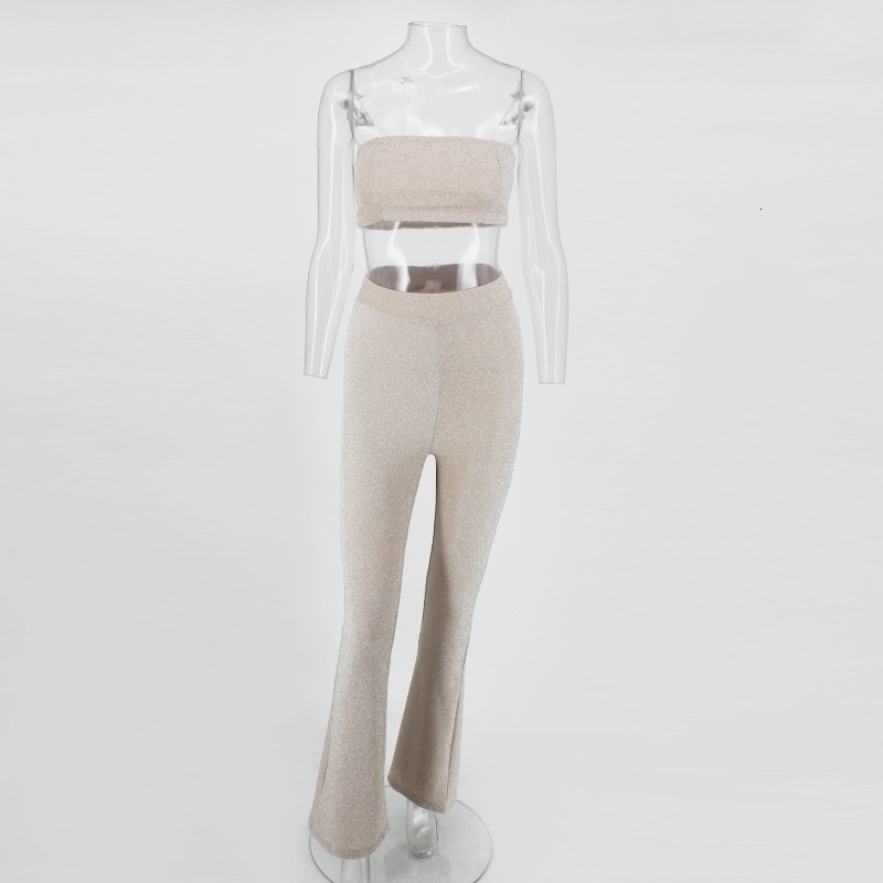 Women's Sexy Glitter Two Piece Set Crop Top & Pants - Sparkle Sequins Clubwear Outfit, Polyester, Beige, Sier, 2024 B2