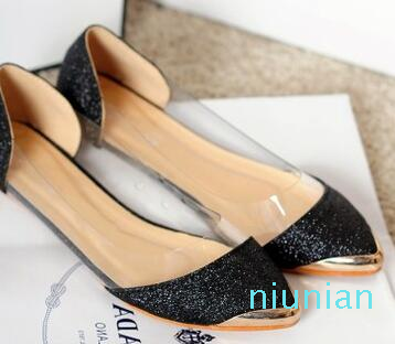 Hot sale-2017 new the chic metal pointed/closed toe transparent shiny pointed Asakuchi ballet flat shoes women's shoes