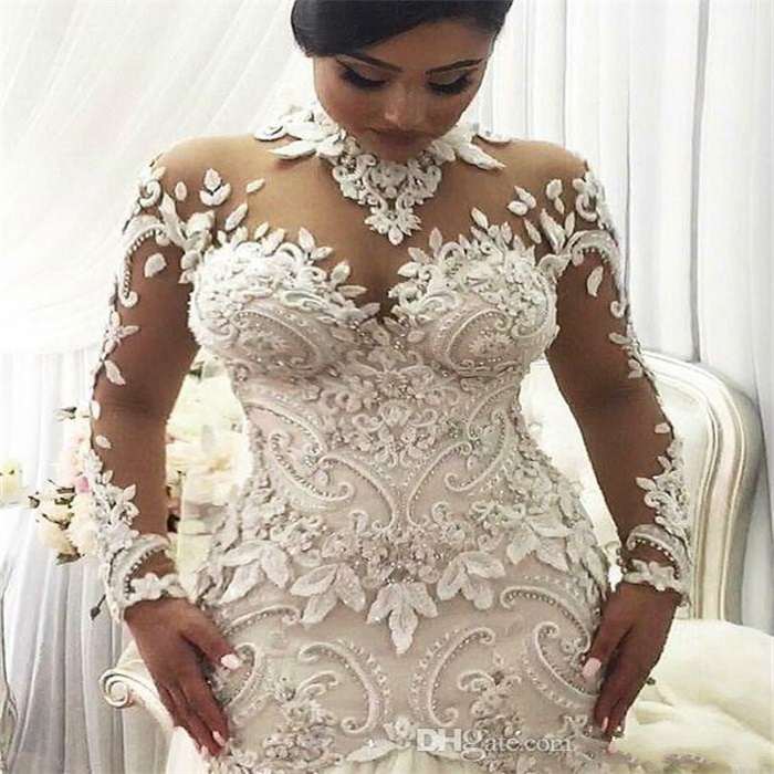 Plus Size Illusion Long Sleeve Mermaid Wedding Dresses High Neck Appliqued Beaded Dubai Arabic Bridal Gown Long Castle Wedding Gown