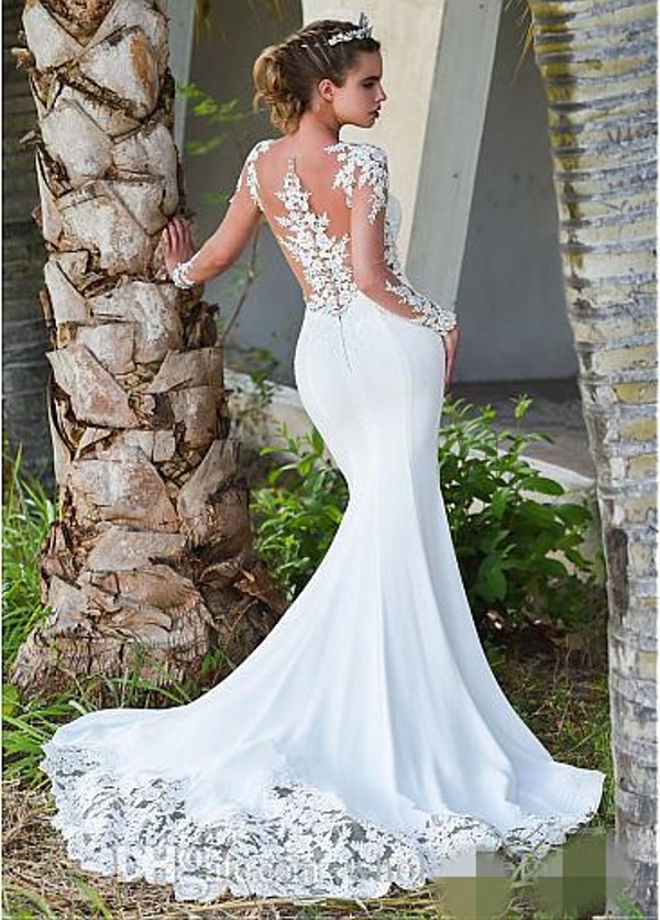 2020 Illusion Back Mermaid Dresses Long Tulle Sleeves Lace Applique Chiffon Custom Made Beach Wedding Gown Vestido De Novia