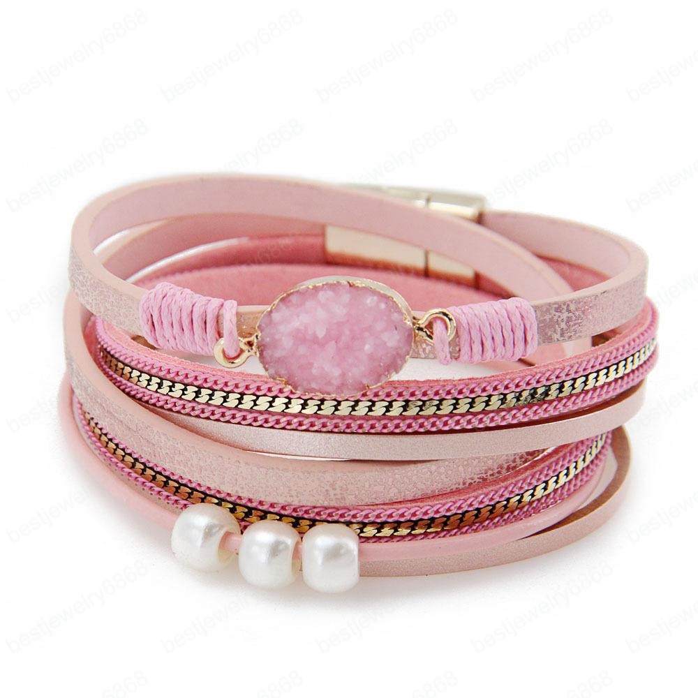 HOT SALE 6 Colors Mens Leather Bracelet with Magnetic Clasp Multi-Layer Braided Bracelet Couple Pearl Bracelet