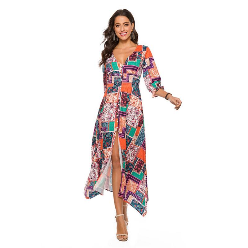 V-Neck Print Beach Long Dress A-Line Three-Quarter Sleeve Button Elastic Waist Irregular Hem Maxi Dresses Women Summer Dress, Multi
V-Neck Print Beach Long Dress A-Line Three-Quarter Sleeve Button Elastic Waist Irregular Hem Maxi Dresses Women Summer Dress, Multi