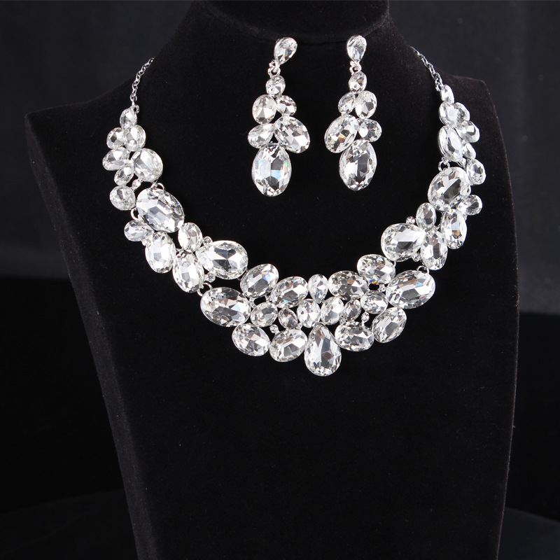 High quality wedding jewelry sets bridal silver necklace and earrings crystal women party dress jewerly accessories