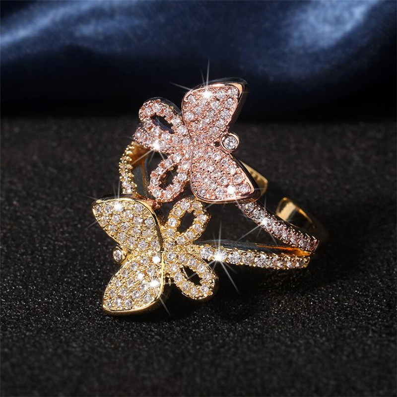 Infinity Vintage Fashion Jewelry 925 Sterling Silver&Gold Fill pave White Sapphire CZ Diamond Gemstone Double Butterfly Open Adjustable Ring