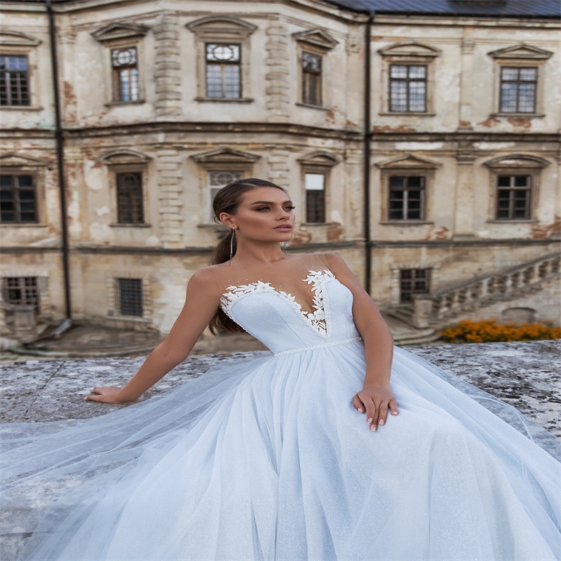 light sky blue bling aline wedding dresses illusion custom made backless appliqued sequins bridal gown sweep train boho bridal gown