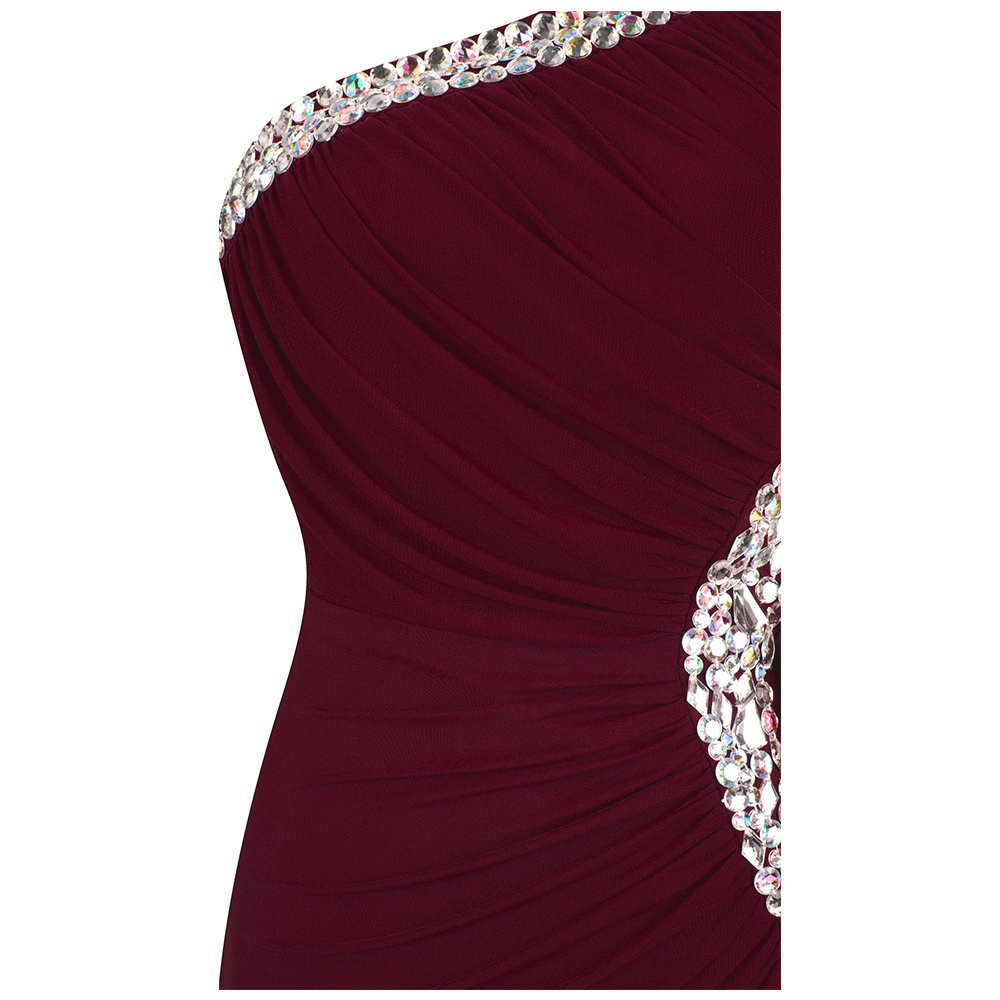 Angel-fashions Women's One Shoulder Evening Dress Long Pleated Beading Formal Party Gown wine red 411 T200604