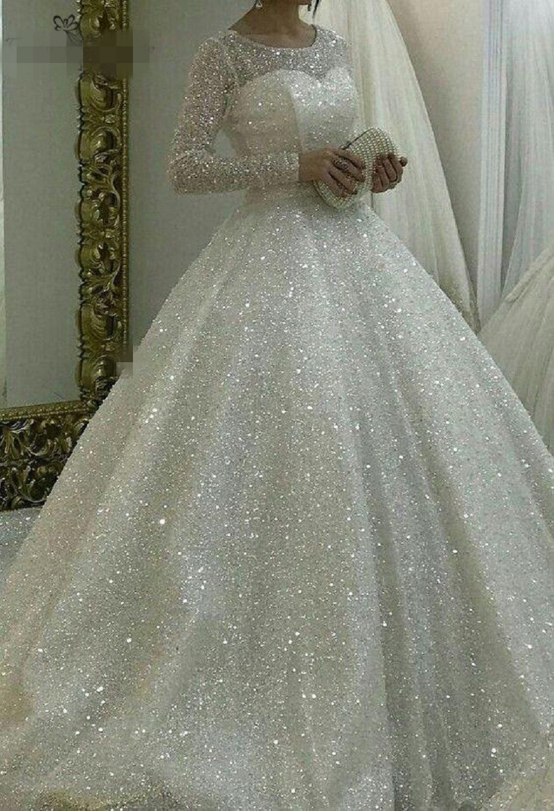 glaring Vestido Noiva Sparkle Wedding Dresses Ball Gown Long Sleeve Plus Size Princess Bridal Gowns for Women