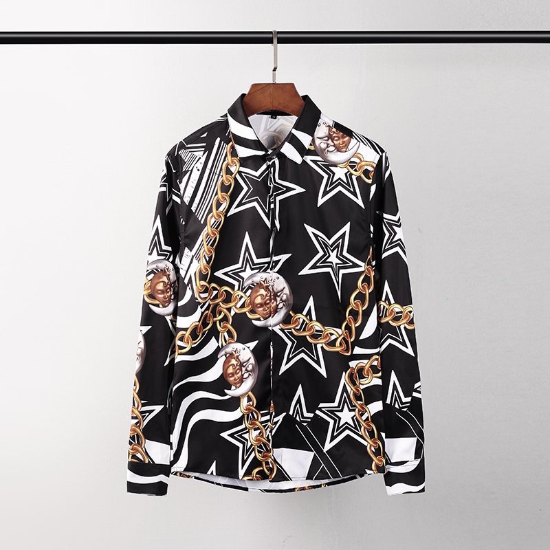 Fashion Designer Men Shirts 3D Black Stars Gold Chain Print Mens Long Sleeved Business Casual Slim Fit Shirts
Fashion Designer Men Shirts 3D Black Stars Gold Chain Print Mens Long Sleeved Business Casual Slim Fit Shirts
