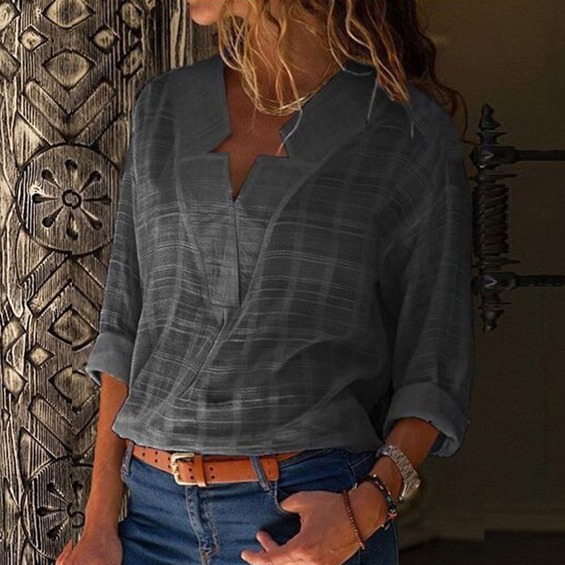 Solid Star V Neck Women Kimono Shirts Autumn Plaid Cotton Linen Elegant Office Lady Blouse Feminine Plus Size Female Shirt