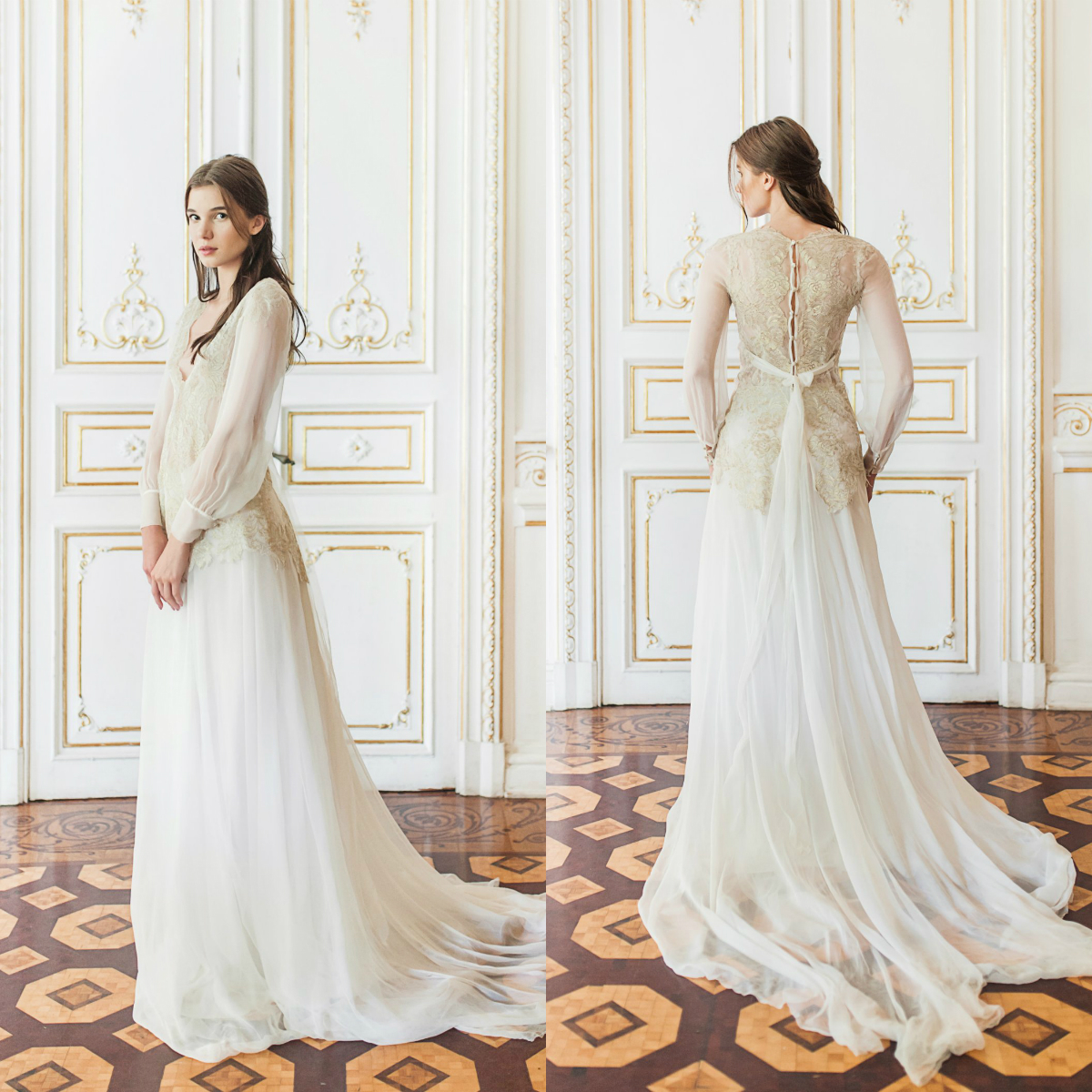 2020 Vintage Wedding Dresses Long Sleeve V Neck Sweep Train Robes De Mariée Lace Applique Wedding Dress Two Piece Bridal Gowns