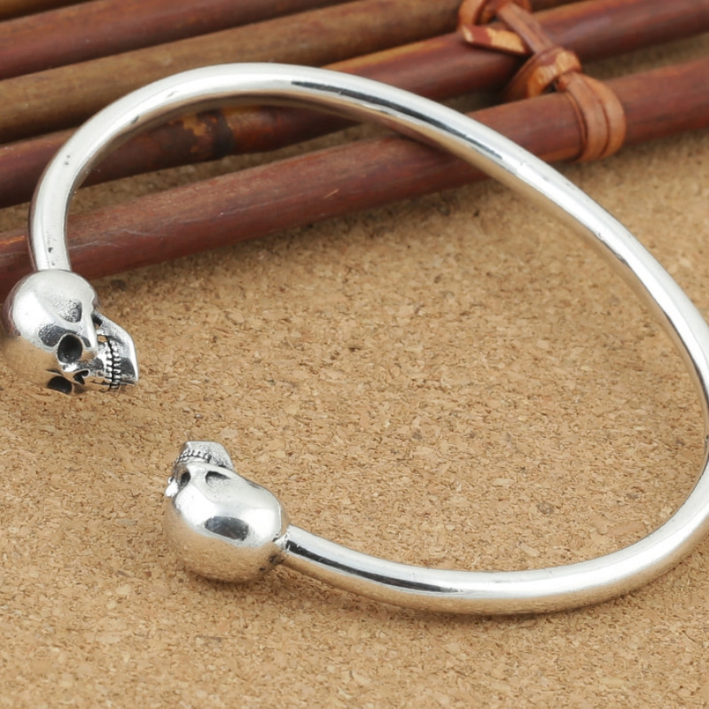 925 sterling silver handmade jewelry antique silver American European designer skull bangle bracelets for men punk style free shipping