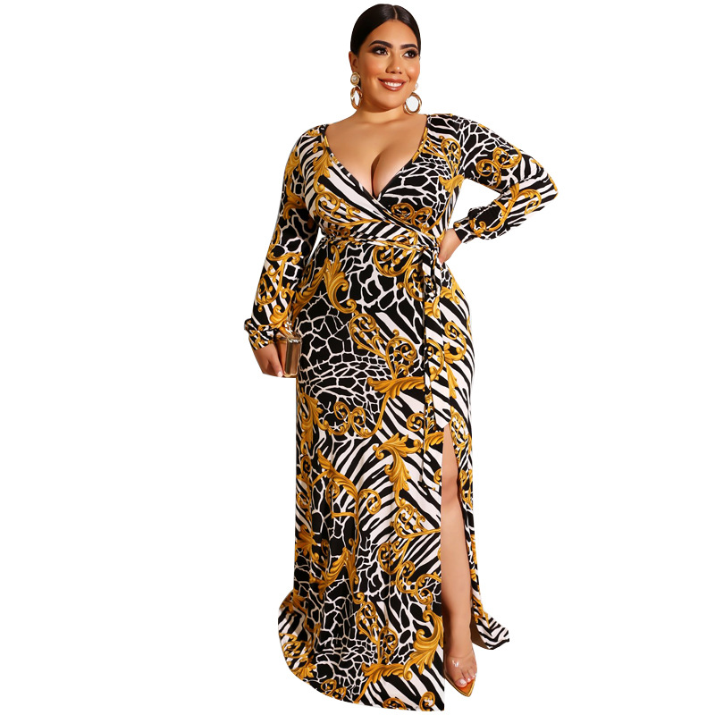 Plus Size 2020 Lagre Dress Tight-Fitting Sexy Bag Hip High-split Women Dress Long Sleeves Printed Long Women's Dress Cheap