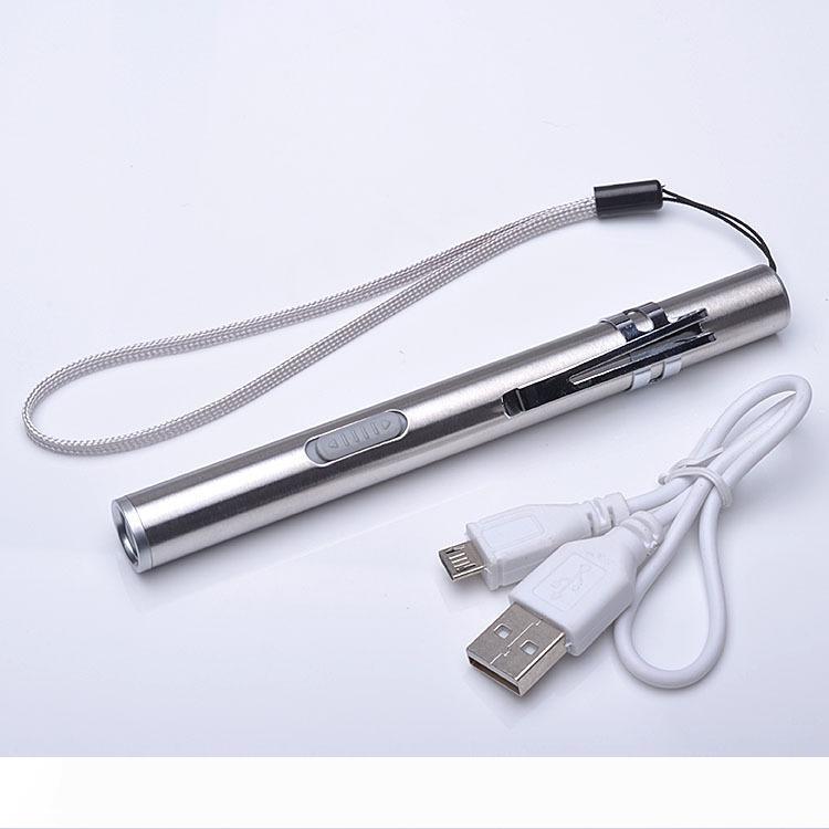 Fashion Portable USB Rechargeable LED Flashlights 08570 Battery 201 Stainless steel Waterproof Mini Torch Keychain Lamp