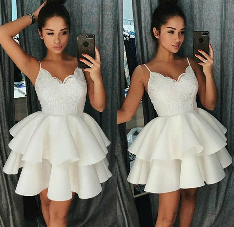 little White Dress A-Line Spaghetti Straps Homecoming Prom Dresses with Appliques Tiered Skirts Ruffles Skirt Cocktail Dress