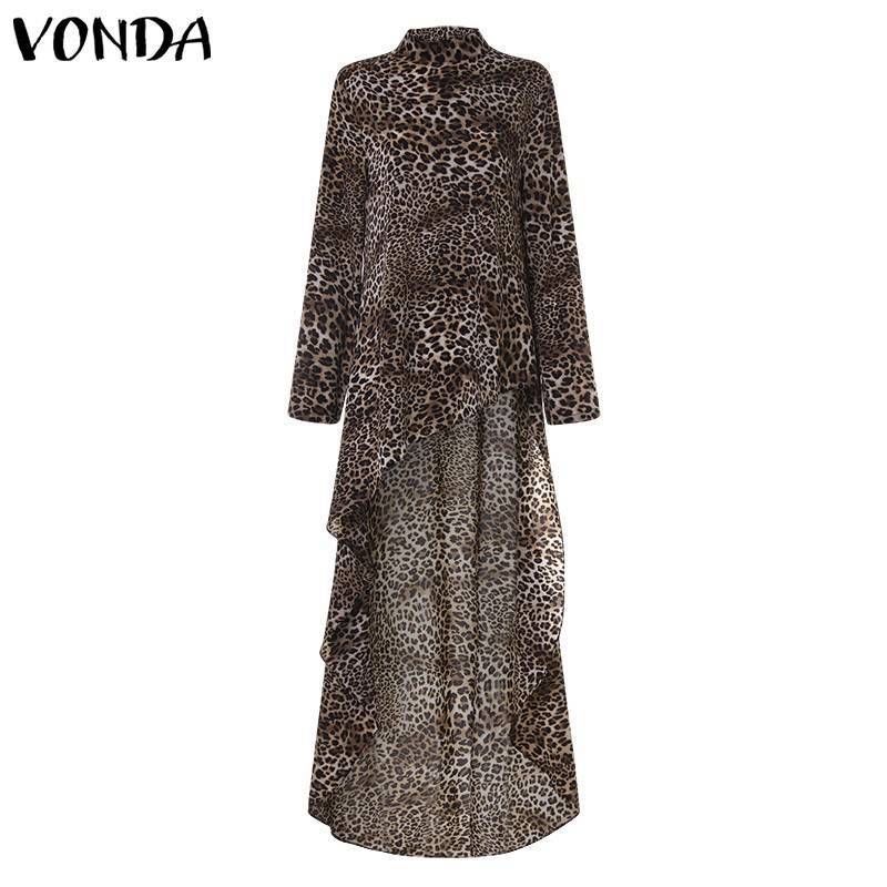 VONDA Summer Leopard Print Blouse 2019 Casual Sevy Women Blouse Long Sleeve Vintage Office Shirt Asymmetrical Long Top Plus Size T200321