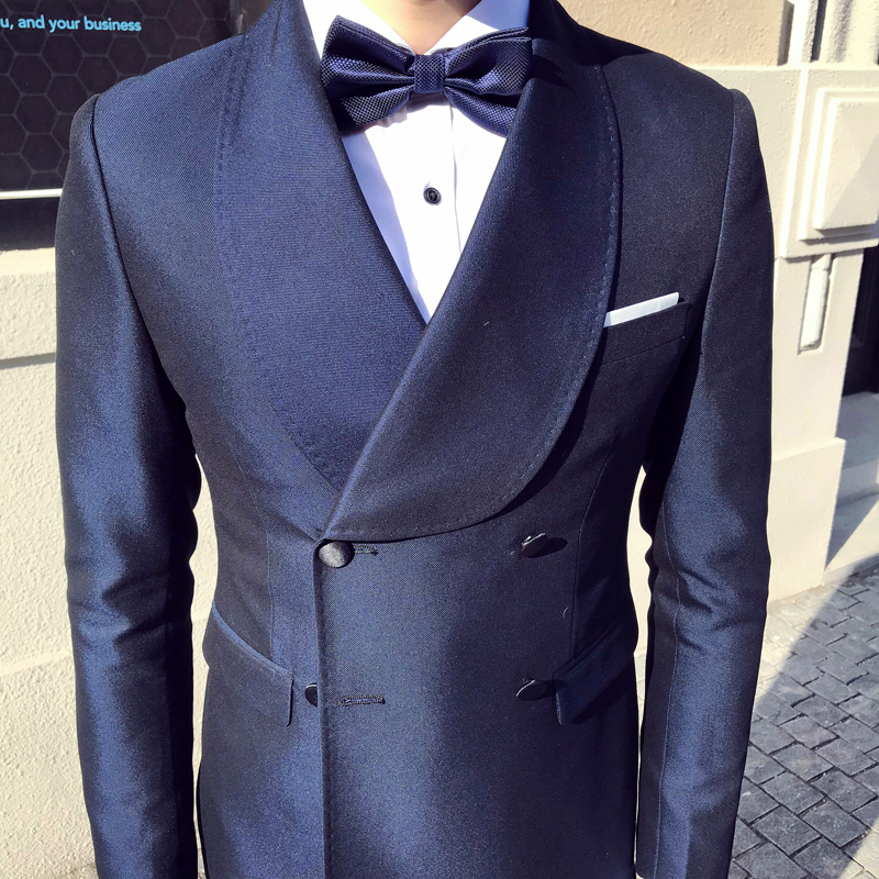 Handsome 2-piece Formal Men Suits Double Breasted Satin Custom Made Suits Tuxedos Party Formal Business Peaked Lapel Blazer Suits For Man